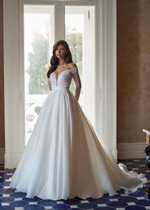 Beaded Long Sleeves Ivory Lace Organza Pretty Wedding Dress
